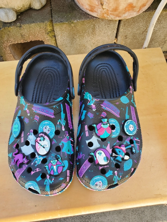 CROCS Shoes - CROCS Disney Haunted Mansion Black Clog Sandals with Teal & Purple Cartoon Print